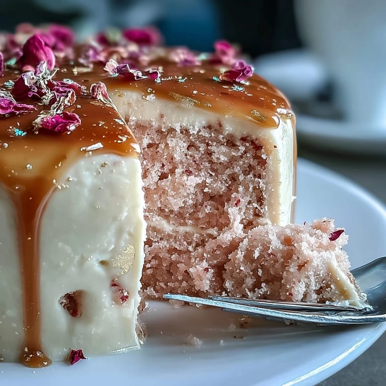 Slice of Bridal Shower Rosé Velvet Cake featuring delicate frosting and edible gold shine.