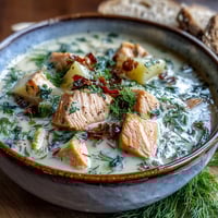 Creamy Finnish Salmon Soup with tender salmon cubes, potatoes, and fresh dill, served steaming in a rustic bowl.