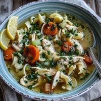 Fragrant, golden Chicken and Noodle Soup steams in a white bowl, featuring tender shredded chicken, sliced carrots, and celery in a rich broth.