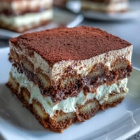 Elegant hojicha tiramisu with layers of coffee-soaked ladyfingers and creamy mascarpone, dusted with cocoa powder.