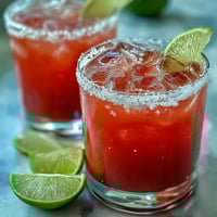 A refreshing guava margarita with silver tequila, orange liqueur, and fresh lime, served over ice with a salted rim.