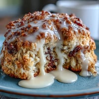 Golden honey scones dotted with fresh dandelion petals, served warm with a dollop of rich clotted cream for a floral spring brunch treat.