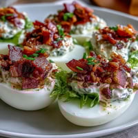 Creamy BLT deviled eggs with crispy bacon crumbles, juicy tomatoes, and fresh lettuce, perfect for a party appetizer.