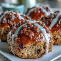 Soft, spiced hot cross buns topped with a sweet orange glaze, perfect for Easter brunch.