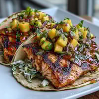 Grilled salmon tacos with mango salsa, served on warm tortillas with shredded cabbage.