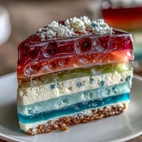 Vibrant rainbow jelly cake with agar-agar and coconut cream, featuring silky layers of colorful jelly topped with luscious coconut cream.